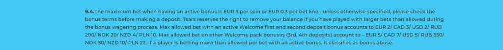 Tsars Online Casino Bonus Bet Term section 9.4 Under Bonus Rules