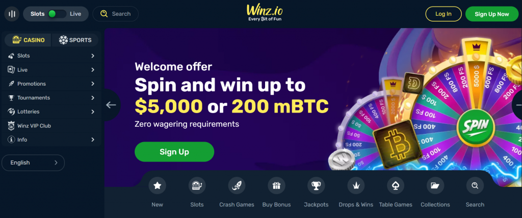 Winz Casino homepage showcasing a variety of options, including slots, live casino, games, and sports.