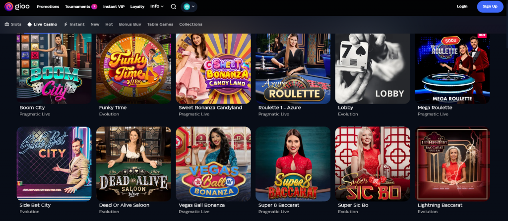 Gioo Casino live games selection, including popular shows like Sweet Bonanza and Super 8 Baccarat, as well as a variety of live roulette and blackjack games