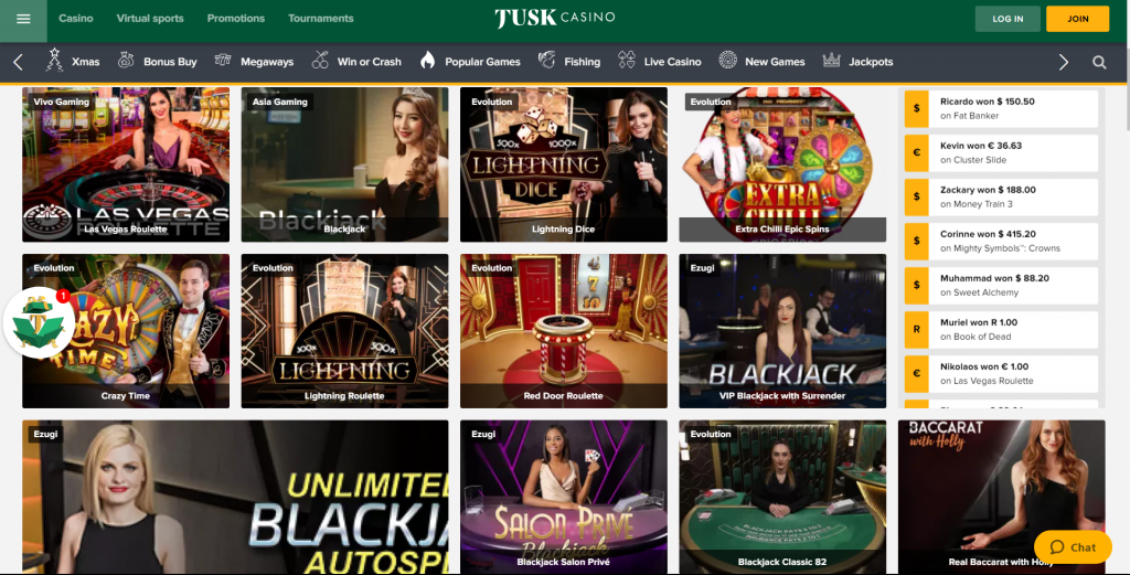 Captivating live casino experience at Tusk with Lightning Dice, roulette, Crazy Times, Cash or Crash, and more exciting live betting games.