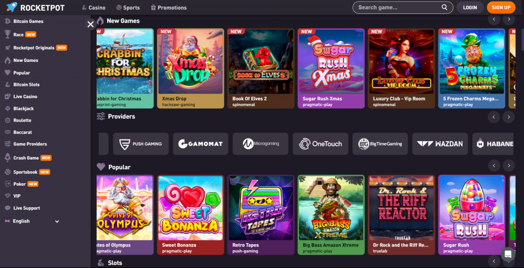 Rocketpot Homepage showcasing a variety of games, including slots, live casino, and sportsbook options.
