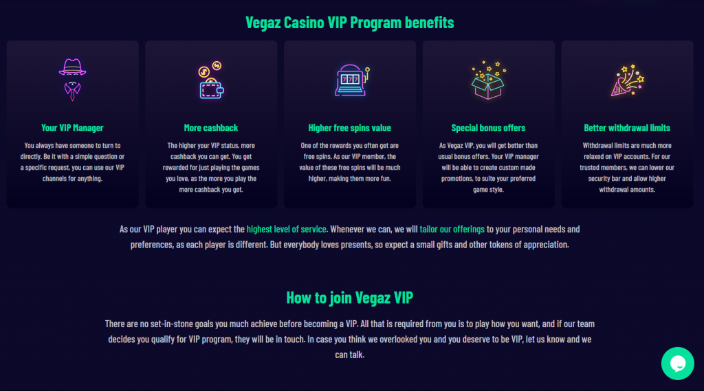 Vegaz Casino VIP Club Page