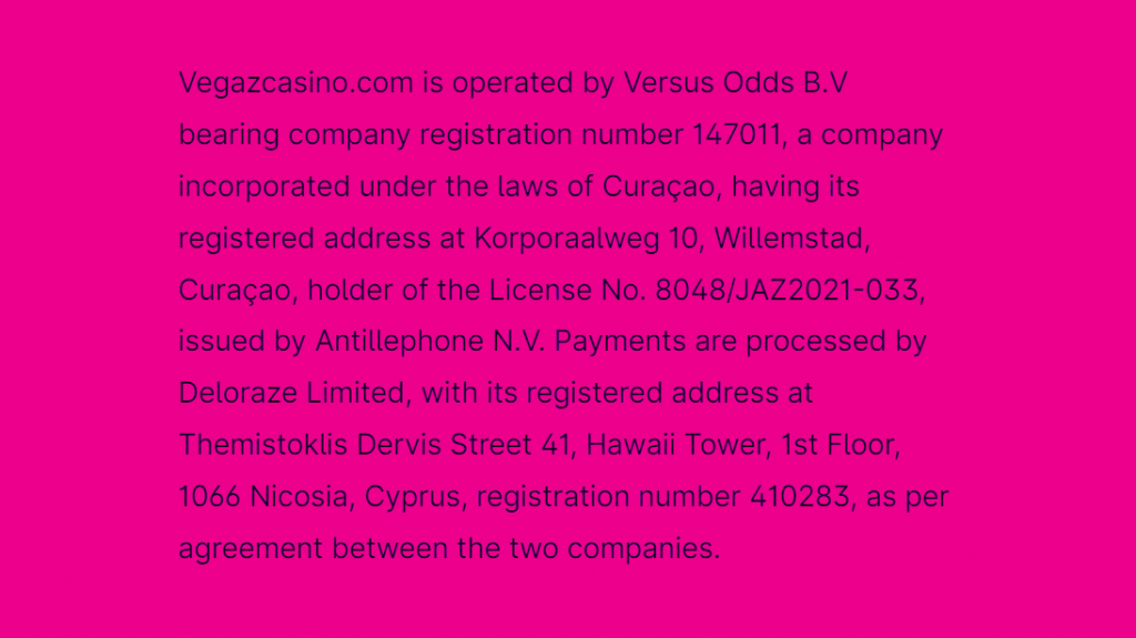 Vegaz Crypto Casino License information